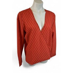 BCBGMaxazria Blouse Size M Rust Red Stripe V-Neck Wrap Front Long Sleeve Top